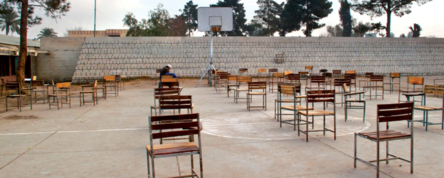 SETTING A SCREEN: The Nangarhar University basketball court, where the Stars practiced. During exam times, the court doubled as academic space.